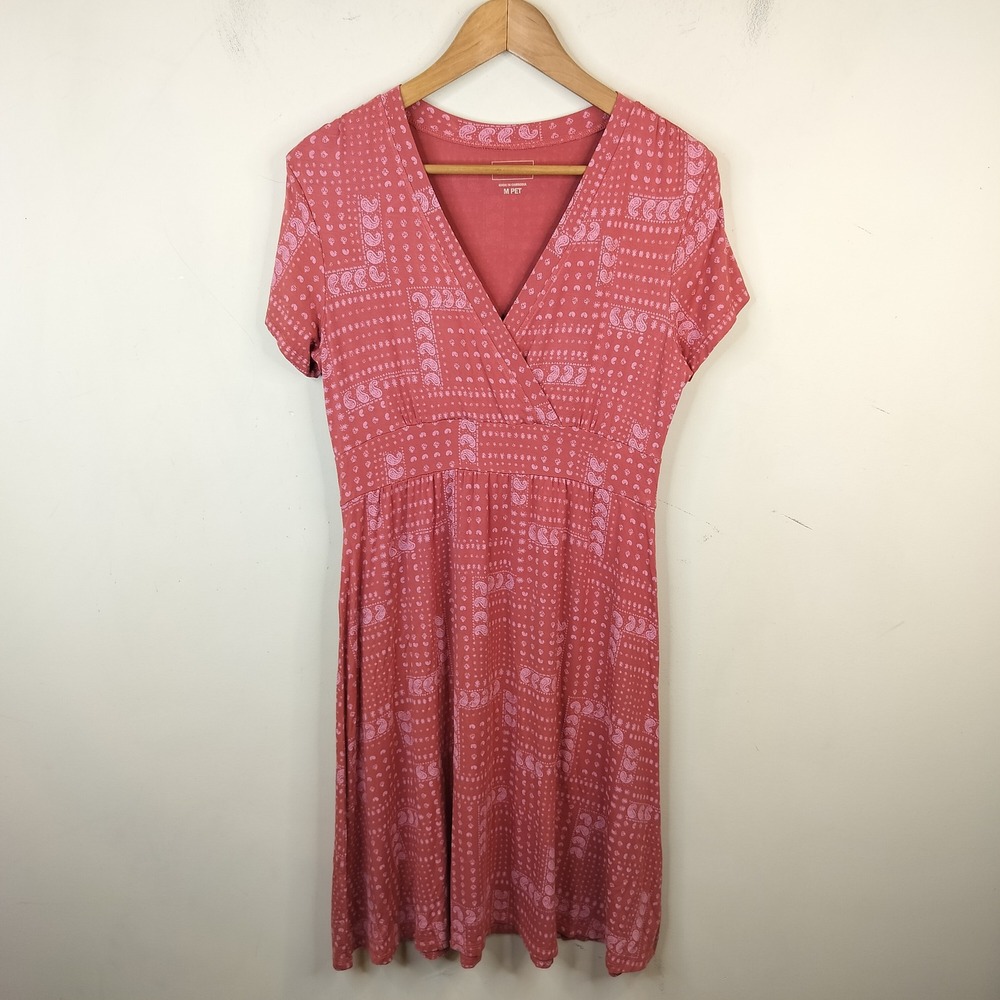 L.L. Bean Faux Wrap Midi Dress Womens M Petite Paisley Bandana Pink Red